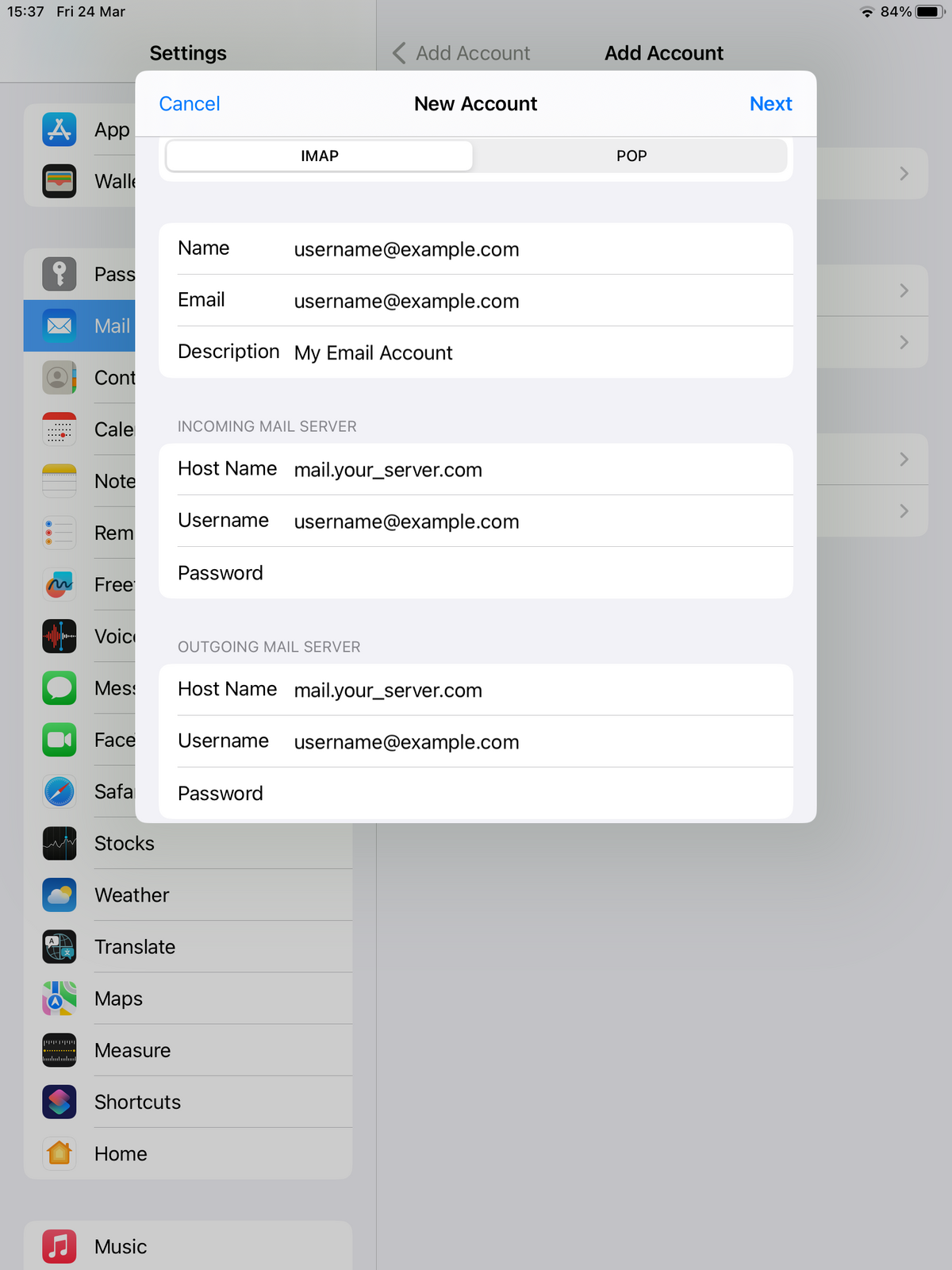 New Account pop-up for account details